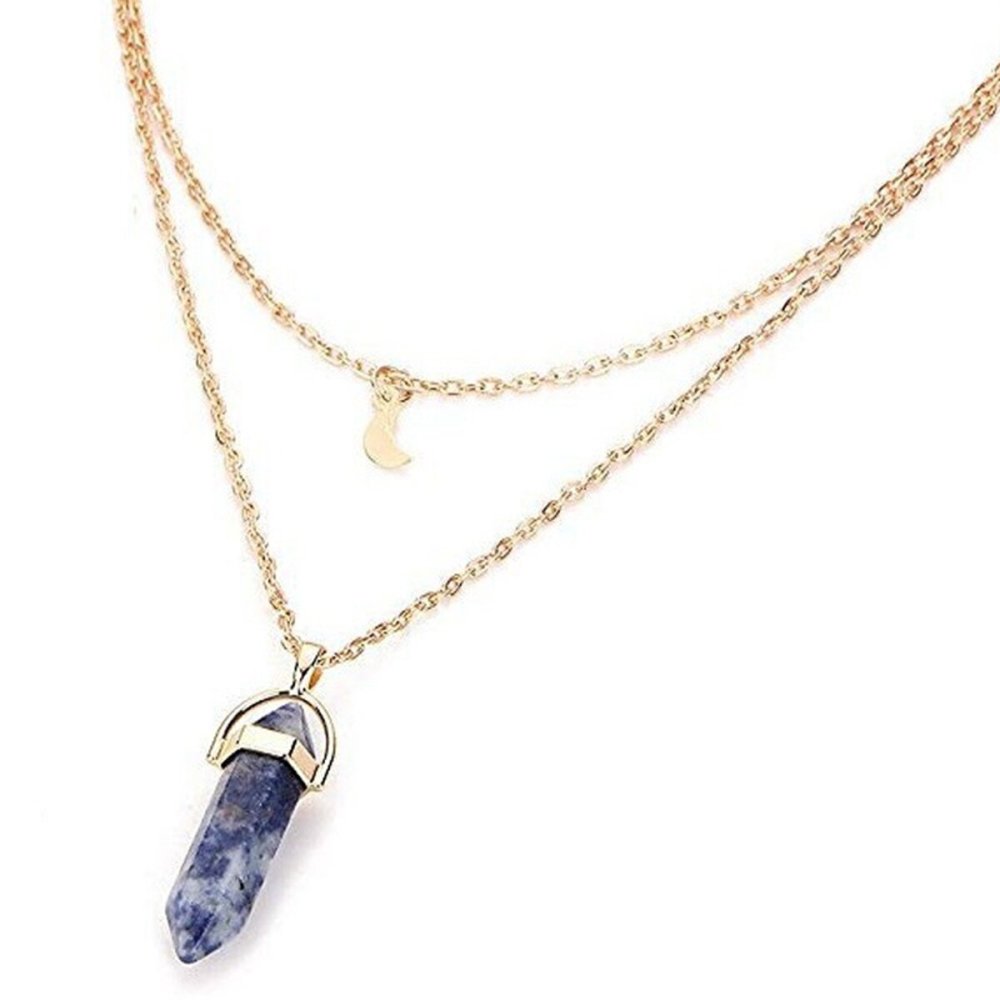 Wholesale Natural Layered Crystal Star Moon Choker Healing Stone Hexagon Pendant Gemstone Necklace For Women