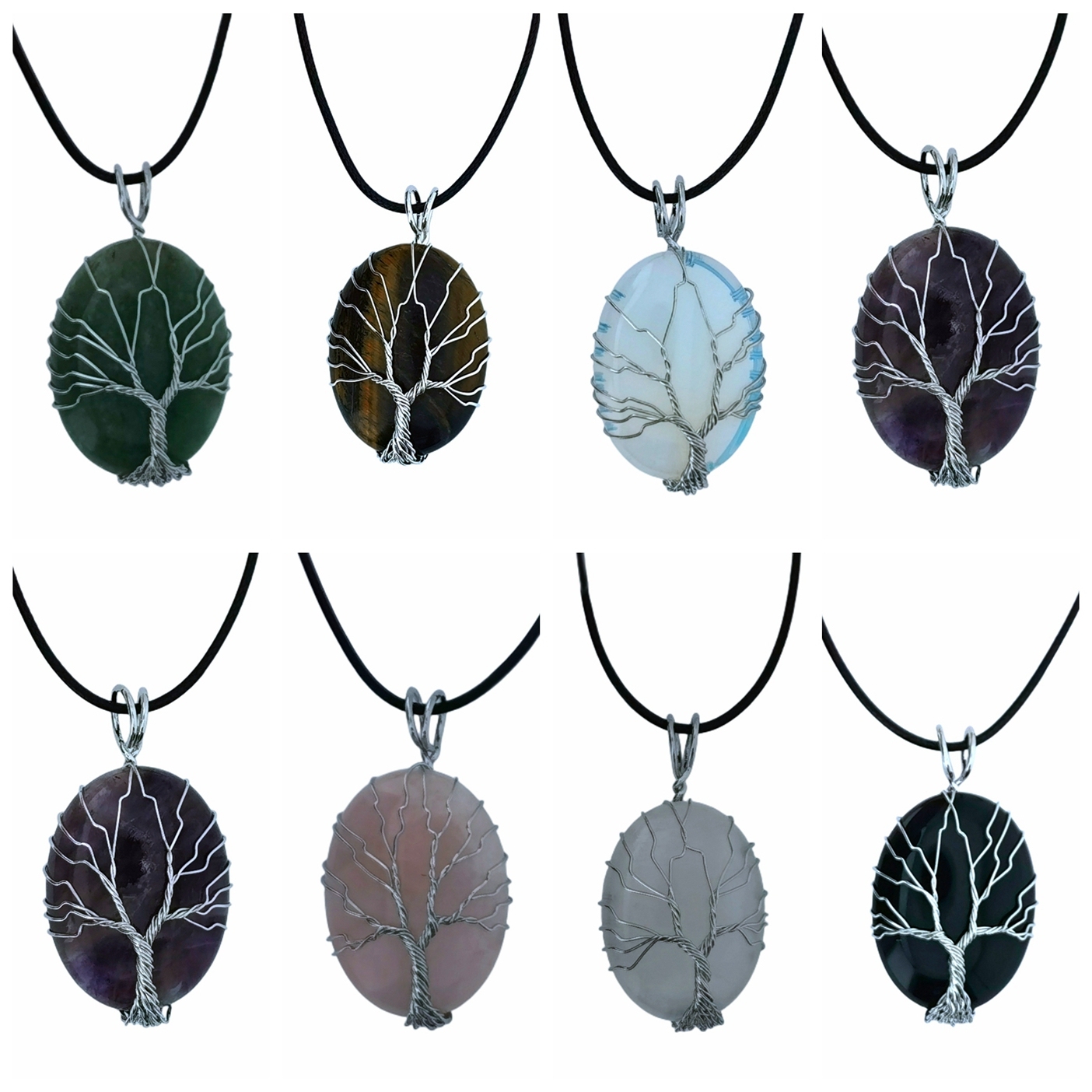Tree of Life Teardrop Heart Amethyst Opal Pendant Necklace Copper Wire Wrapped Gemstone Healing Chakra Necklace
