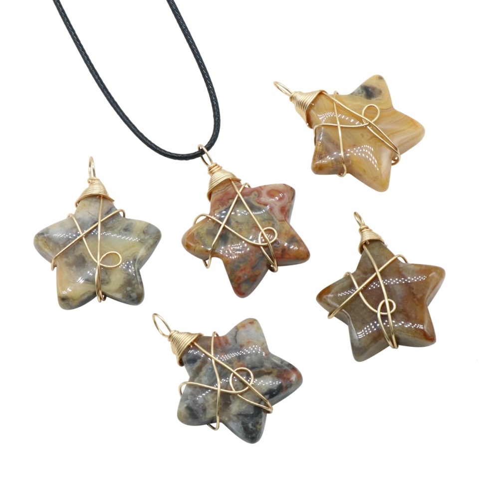 Wholesale Copper Wire Wrapped Gemstone Healing Chakra Teardrop Pentagram Star Tiger Eye Pendant Necklaces