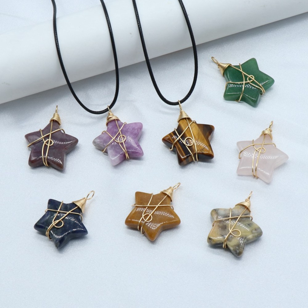 Wholesale Copper Wire Wrapped Gemstone Healing Chakra Teardrop Pentagram Star Tiger Eye Pendant Necklaces