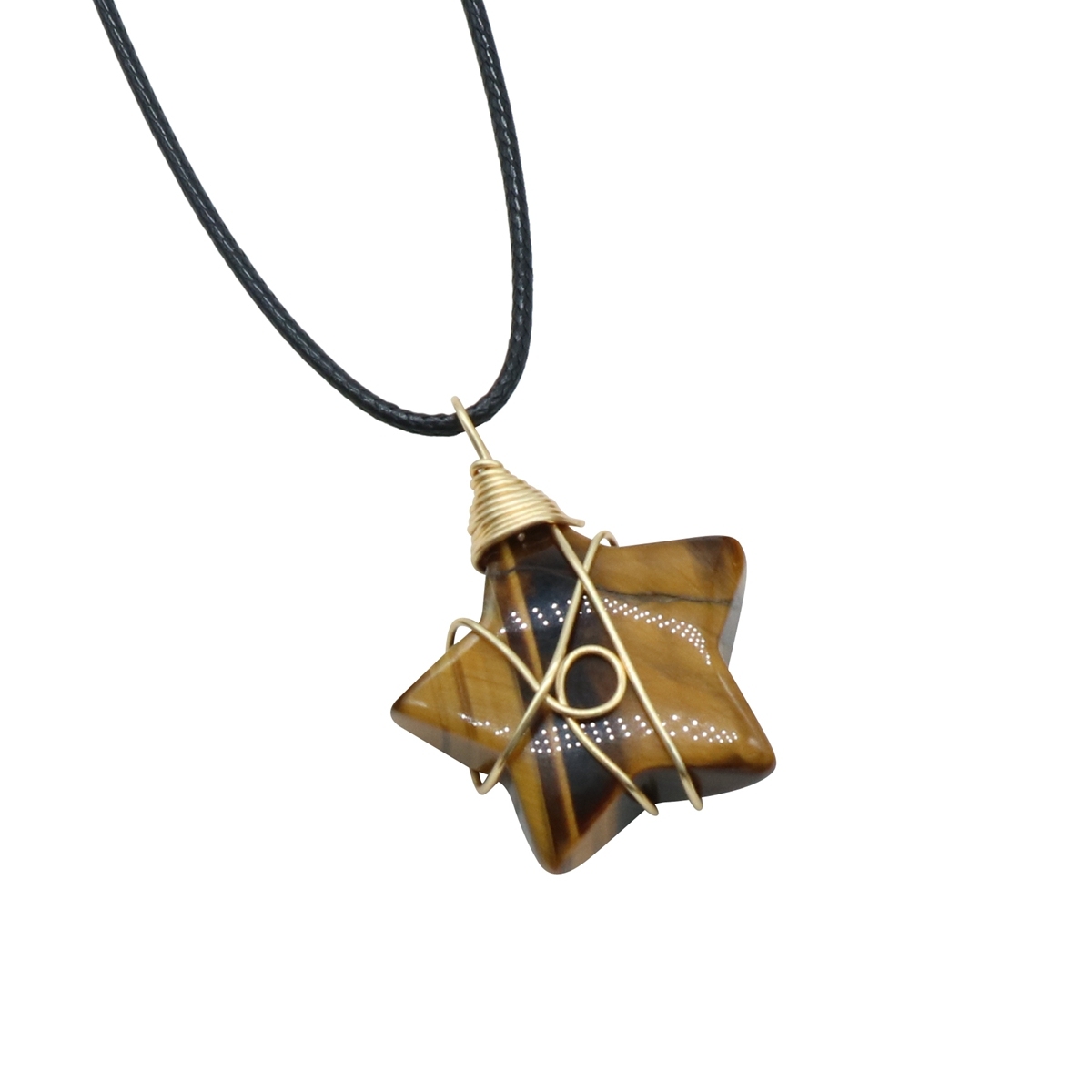 Wholesale Copper Wire Wrapped Gemstone Healing Chakra Teardrop Pentagram Star Tiger Eye Pendant Necklaces