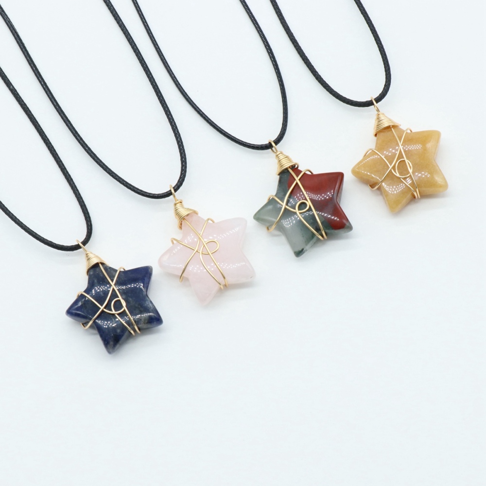 Wholesale Copper Wire Wrapped Gemstone Healing Chakra Teardrop Pentagram Star Tiger Eye Pendant Necklaces