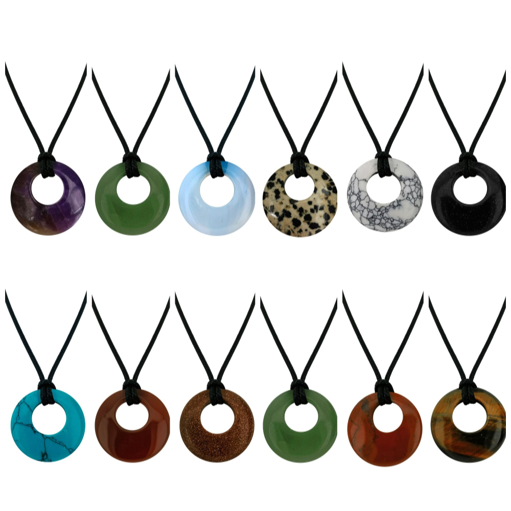 Circle Donut Natural Healing Crystal Necklace Reiki Chakra Gemstone  Pendant Jewelry Lucky Charm Braided Rope Necklace  for Men Women