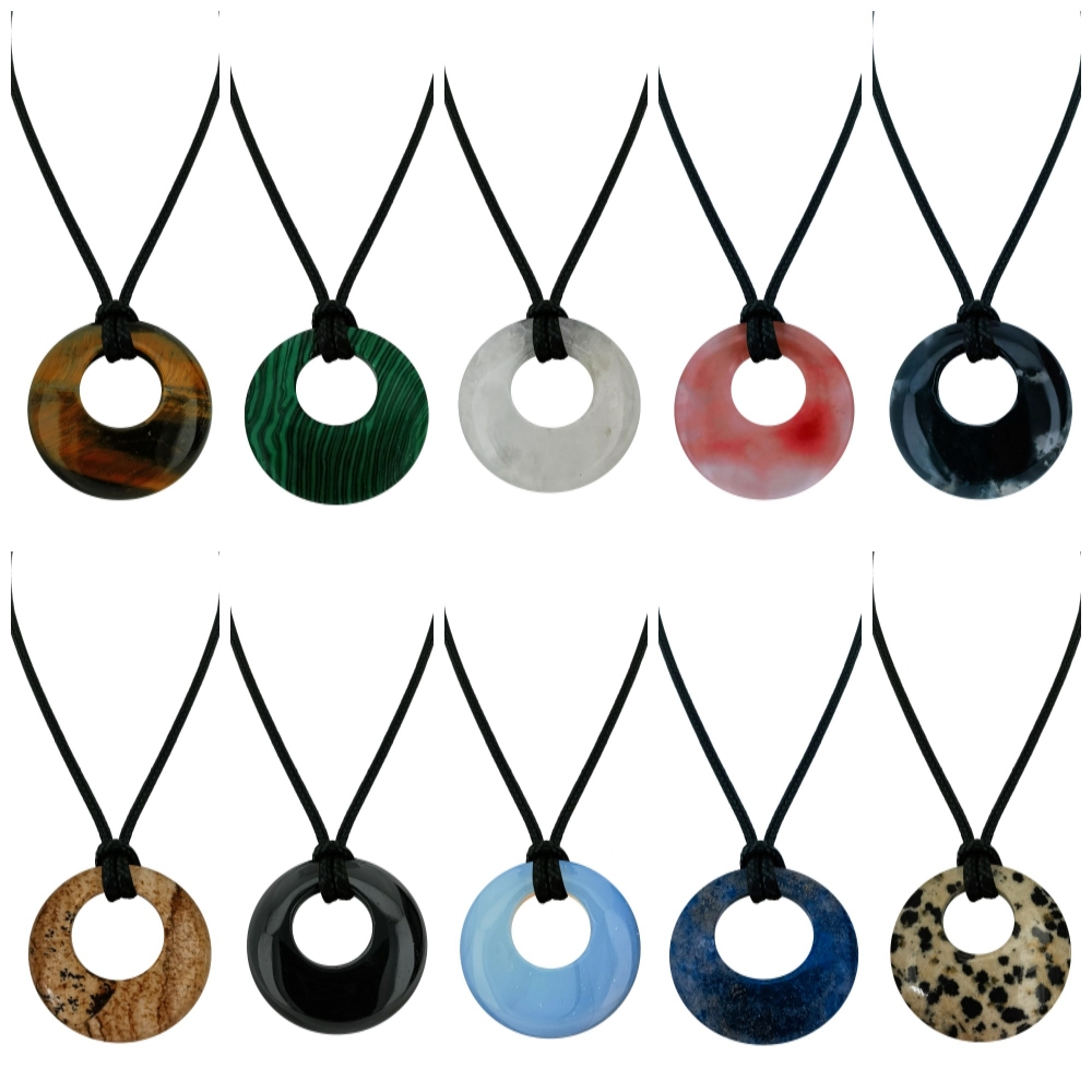 Circle Donut Natural Healing Crystal Necklace Reiki Chakra Gemstone  Pendant Jewelry Lucky Charm Braided Rope Necklace  for Men Women