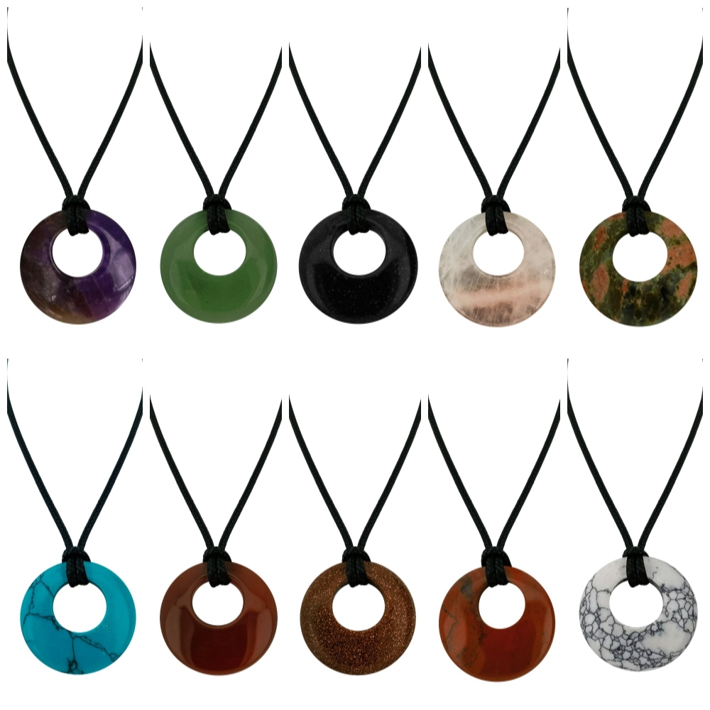 Circle Donut Natural Healing Crystal Necklace Reiki Chakra Gemstone  Pendant Jewelry Lucky Charm Braided Rope Necklace  for Men Women