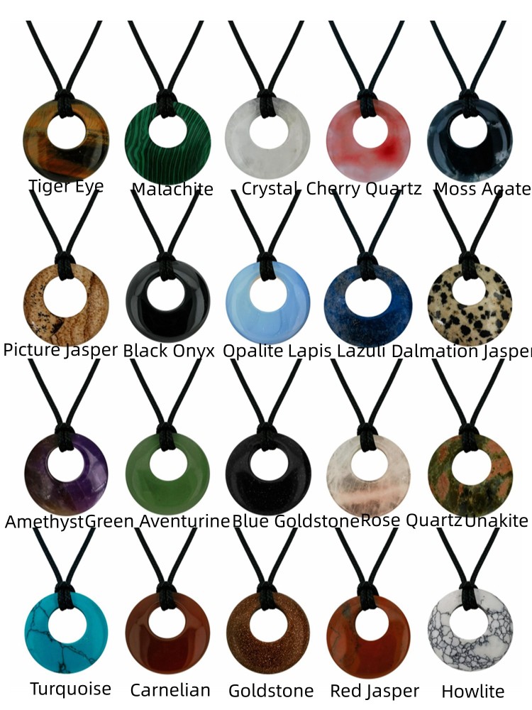 Circle Donut Natural Healing Crystal Necklace Reiki Chakra Gemstone  Pendant Jewelry Lucky Charm Braided Rope Necklace  for Men Women