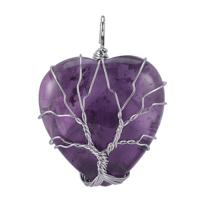 Natural Healing Crystal Necklace Silver Tree of Life Wire Wrapped Heart  Gemstone Pendant Reiki Chakra Necklace for Women Girls