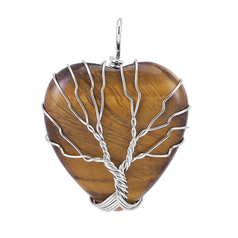Natural Healing Crystal Necklace Silver Tree of Life Wire Wrapped Heart  Gemstone Pendant Reiki Chakra Necklace for Women Girls