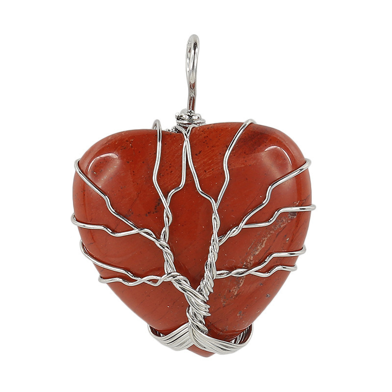 Natural Healing Crystal Necklace Silver Tree of Life Wire Wrapped Heart  Gemstone Pendant Reiki Chakra Necklace for Women Girls