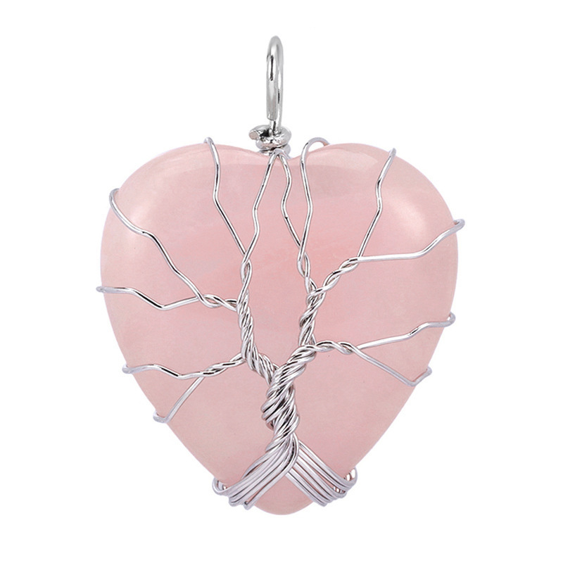 Natural Healing Crystal Necklace Silver Tree of Life Wire Wrapped Heart  Gemstone Pendant Reiki Chakra Necklace for Women Girls