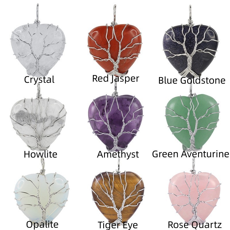Natural Healing Crystal Necklace Silver Tree of Life Wire Wrapped Heart  Gemstone Pendant Reiki Chakra Necklace for Women Girls