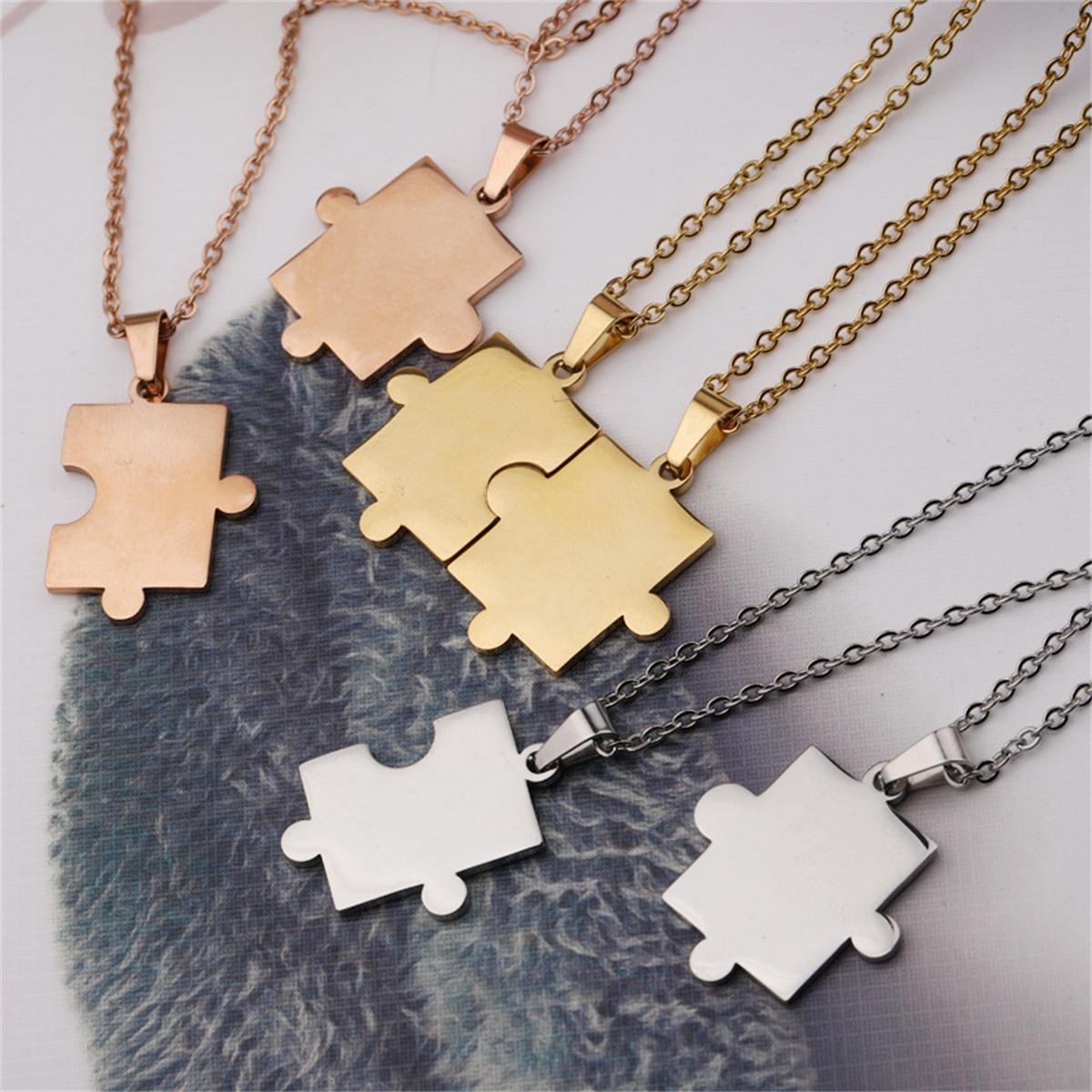 Stainless Steel Simple Fashion Personalized Geometric Puzzle Pendant Necklace Silver Couple Necklace