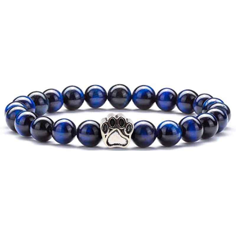 1 Pc Semi Precious Gemstone 8mm Round Beads Dog Paw Alloy Stretch Bracelet Hansmade Jewelry