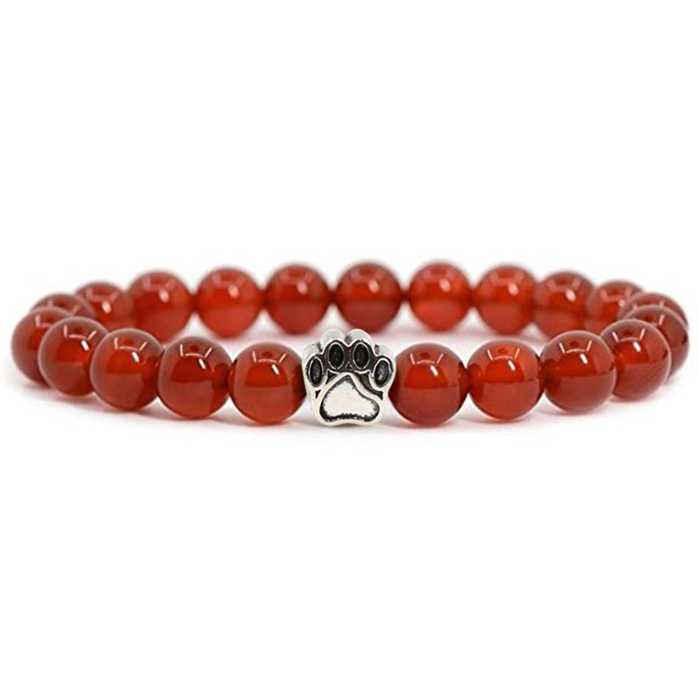 1 Pc Semi Precious Gemstone 8mm Round Beads Dog Paw Alloy Stretch Bracelet Hansmade Jewelry