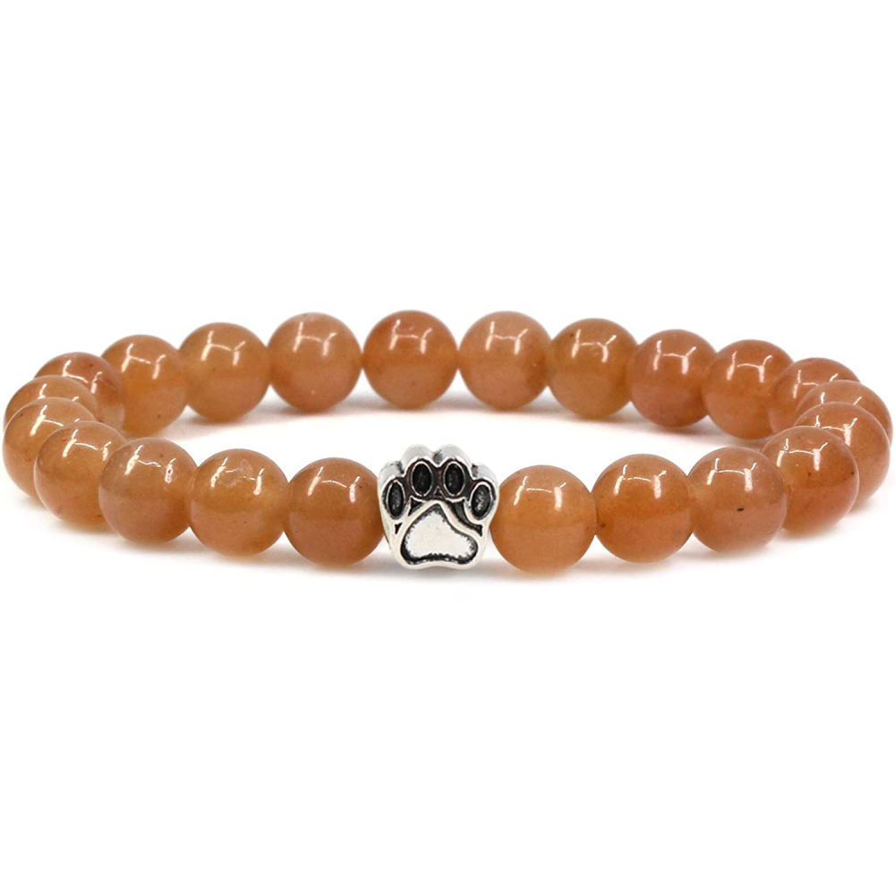 1 Pc Semi Precious Gemstone 8mm Round Beads Dog Paw Alloy Stretch Bracelet Hansmade Jewelry