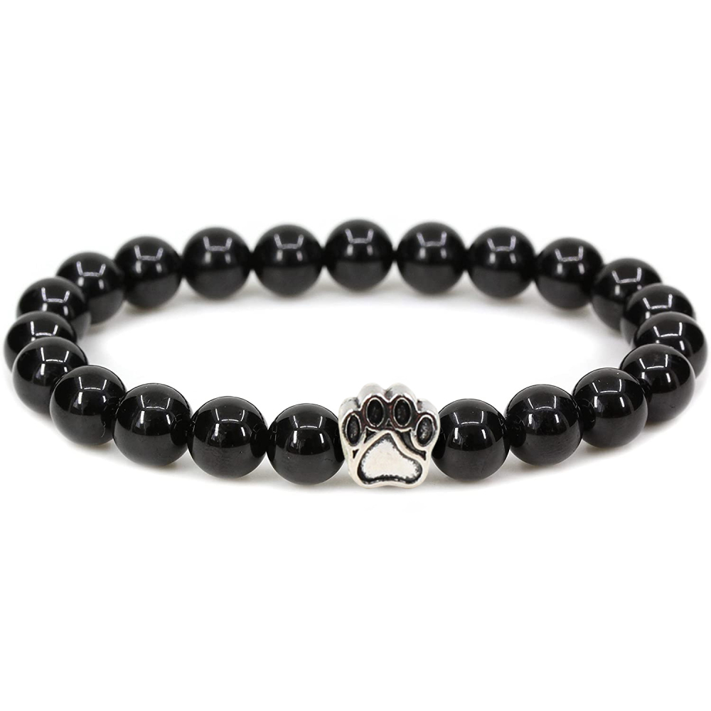 1 Pc Semi Precious Gemstone 8mm Round Beads Dog Paw Alloy Stretch Bracelet Hansmade Jewelry