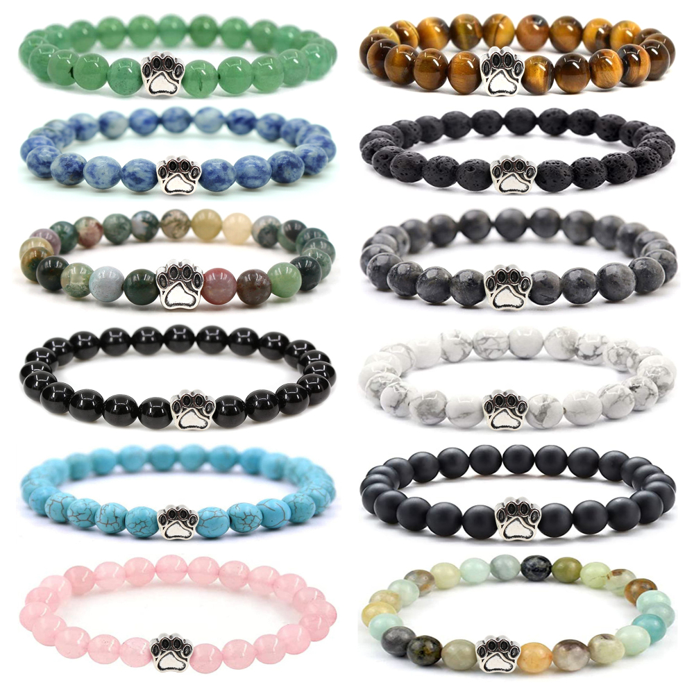 1 Pc Semi Precious Gemstone 8mm Round Beads Dog Paw Alloy Stretch Bracelet Hansmade Jewelry