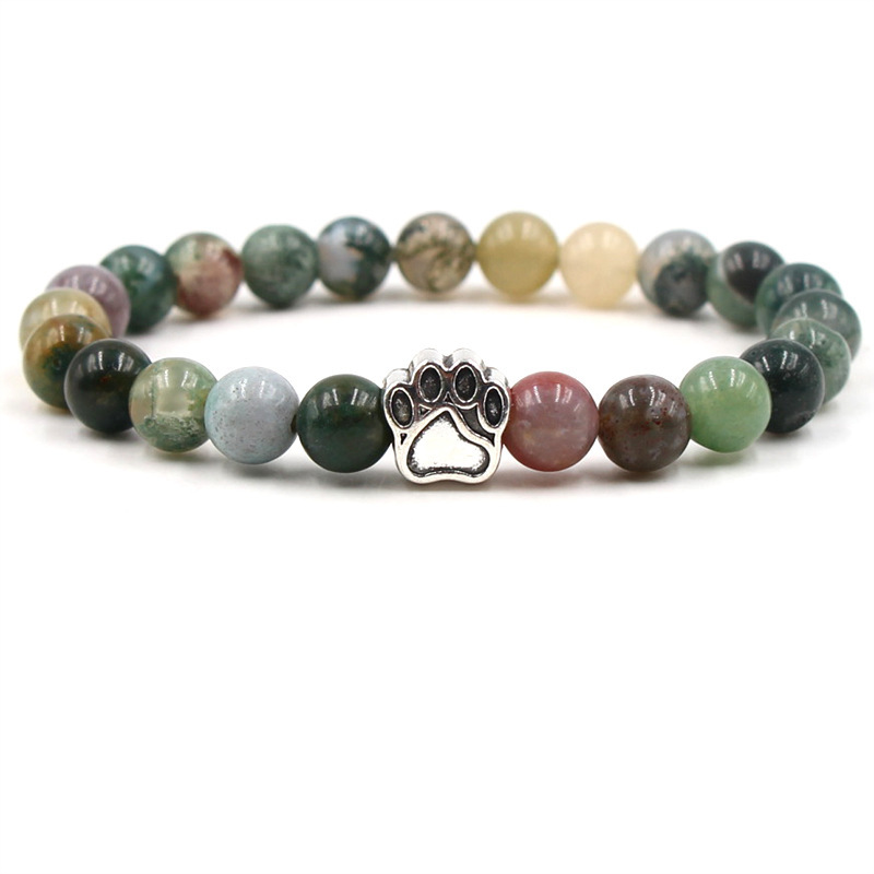 1 Pc Semi Precious Gemstone 8mm Round Beads Dog Paw Alloy Stretch Bracelet Hansmade Jewelry