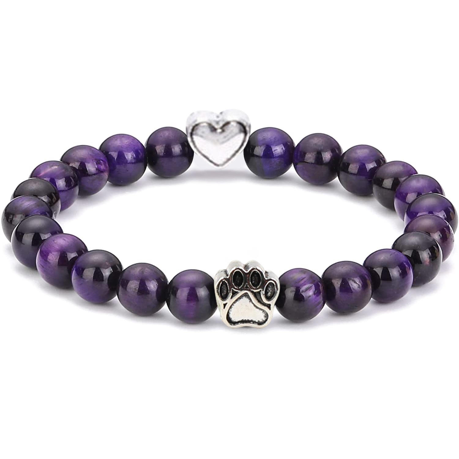 Multi-color 8MM Round Natural Gemstone Beads Dog Paw Heart  Bracelet for Men Women