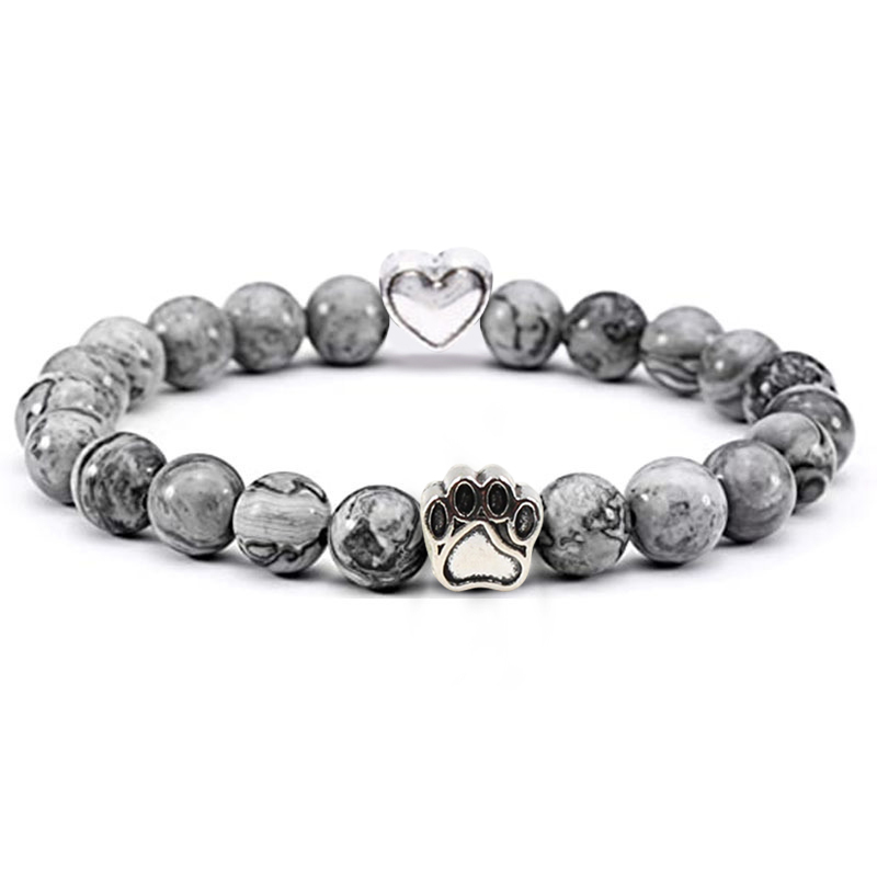 Multi-color 8MM Round Natural Gemstone Beads Dog Paw Heart  Bracelet for Men Women