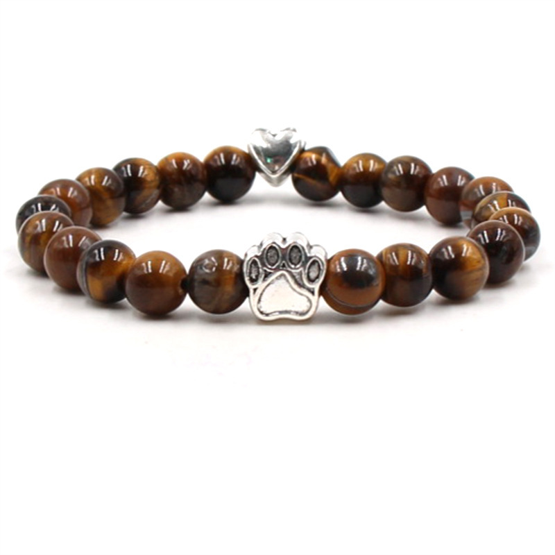 Multi-color 8MM Round Natural Gemstone Beads Dog Paw Heart  Bracelet for Men Women