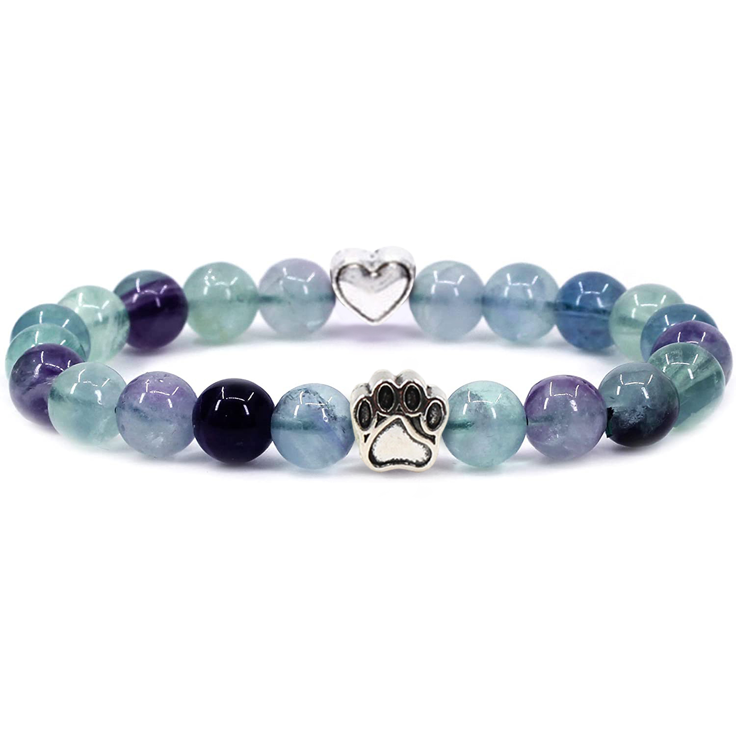 Multi-color 8MM Round Natural Gemstone Beads Dog Paw Heart  Bracelet for Men Women