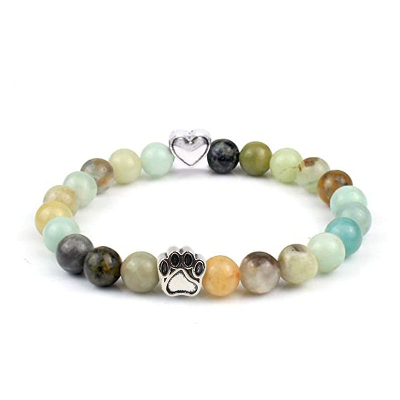 Multi-color 8MM Round Natural Gemstone Beads Dog Paw Heart  Bracelet for Men Women