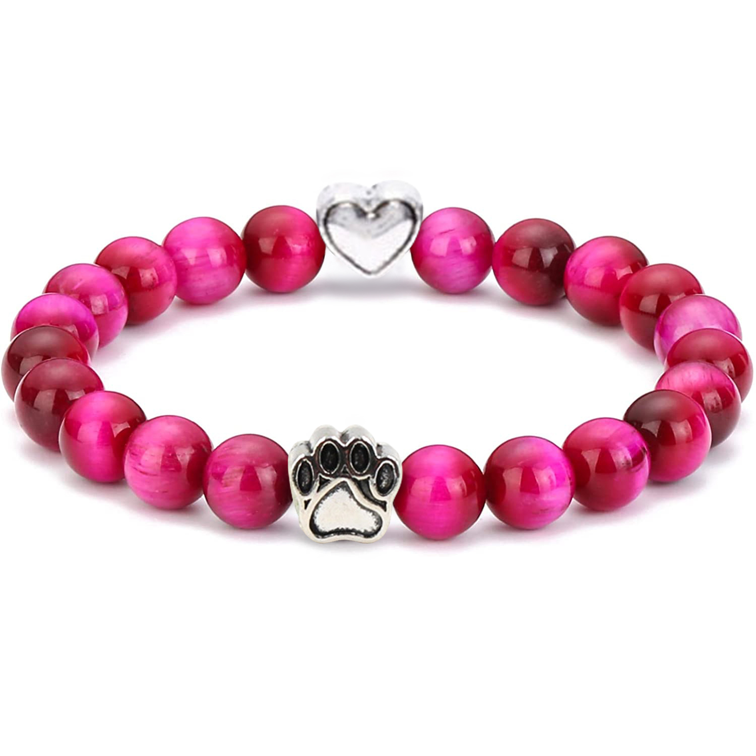 Multi-color 8MM Round Natural Gemstone Beads Dog Paw Heart  Bracelet for Men Women