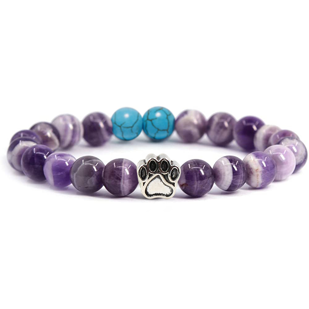 Multi-color 8MM Round Natural Gemstone Bracelet Dog Paw Stone Jewelry for Men Women