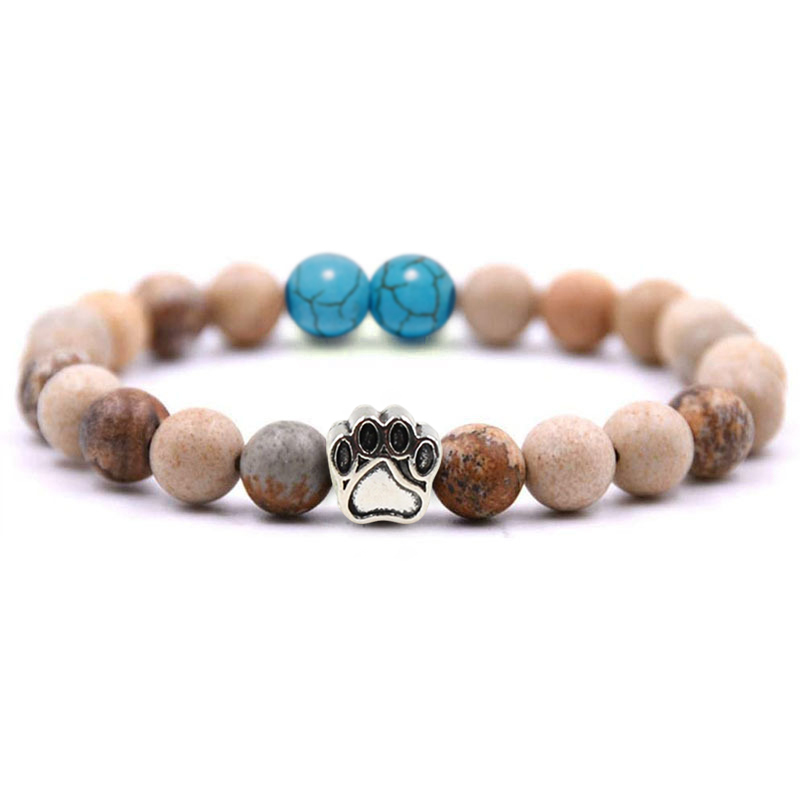 Multi-color 8MM Round Natural Gemstone Bracelet Dog Paw Stone Jewelry for Men Women