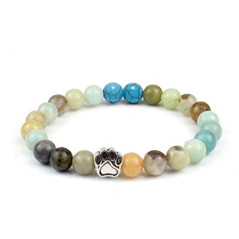 Multi-color 8MM Round Natural Gemstone Bracelet Dog Paw Stone Jewelry for Men Women