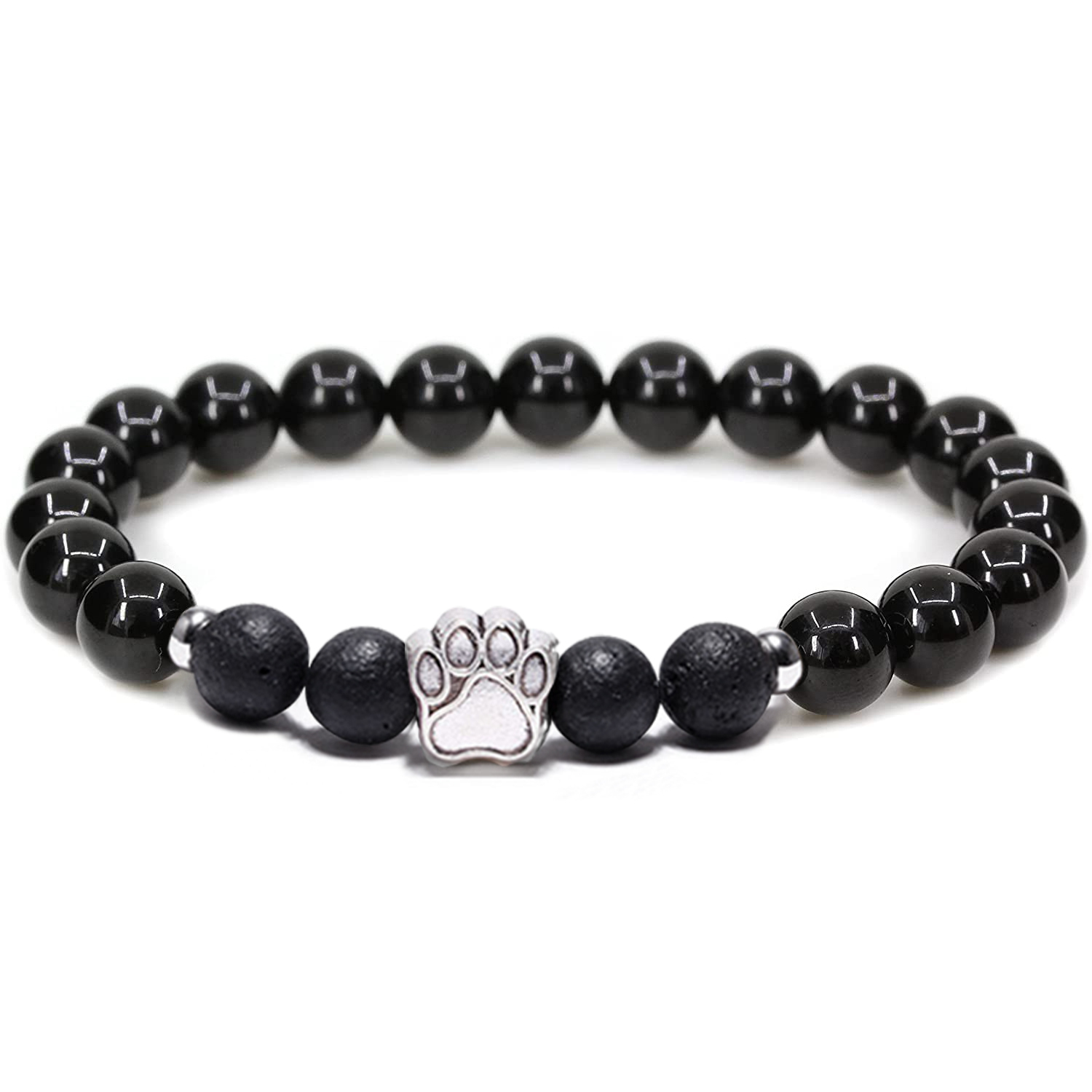 1 Pc Natural Round Gemstone Beads Bracelet Stretch Elastic Bracelets with Black Beads for Women Men