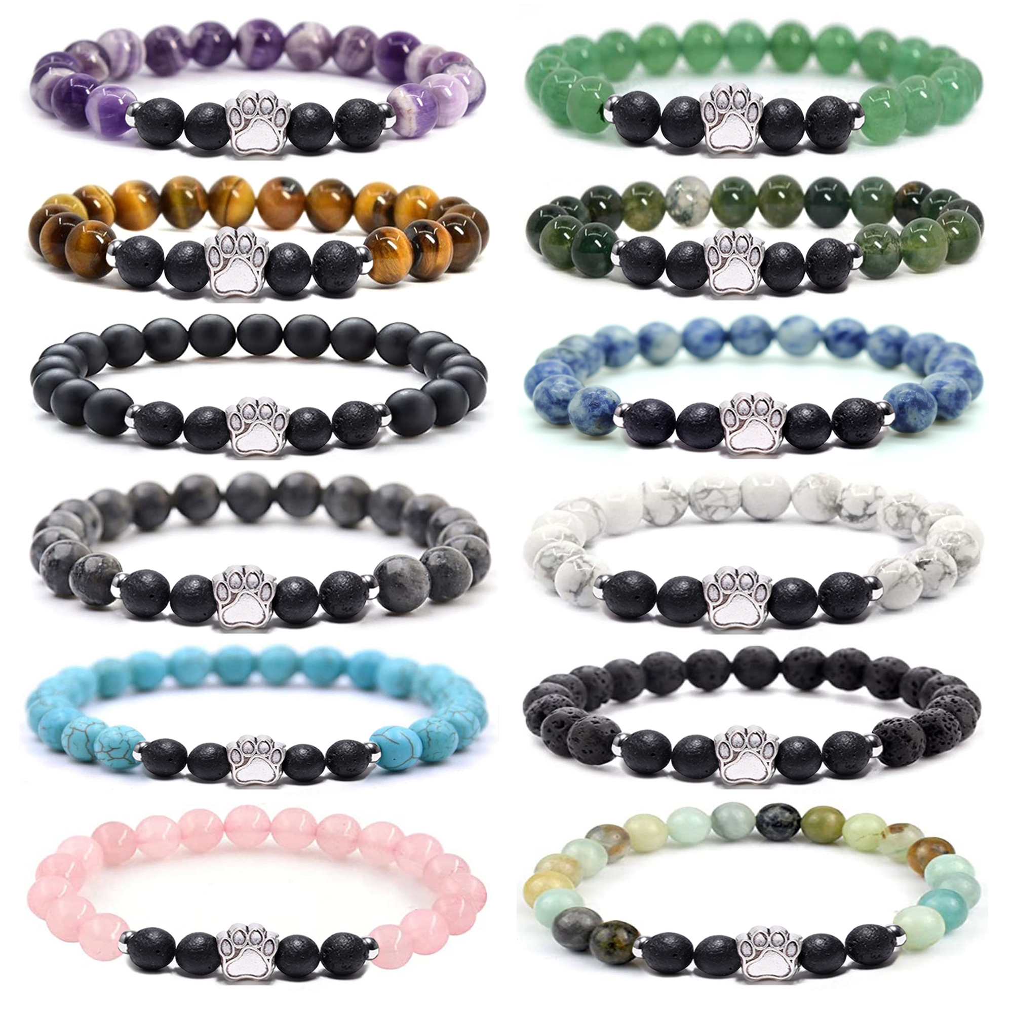 1 Pc Natural Round Gemstone Beads Bracelet Stretch Elastic Bracelets with Black Beads for Women Men