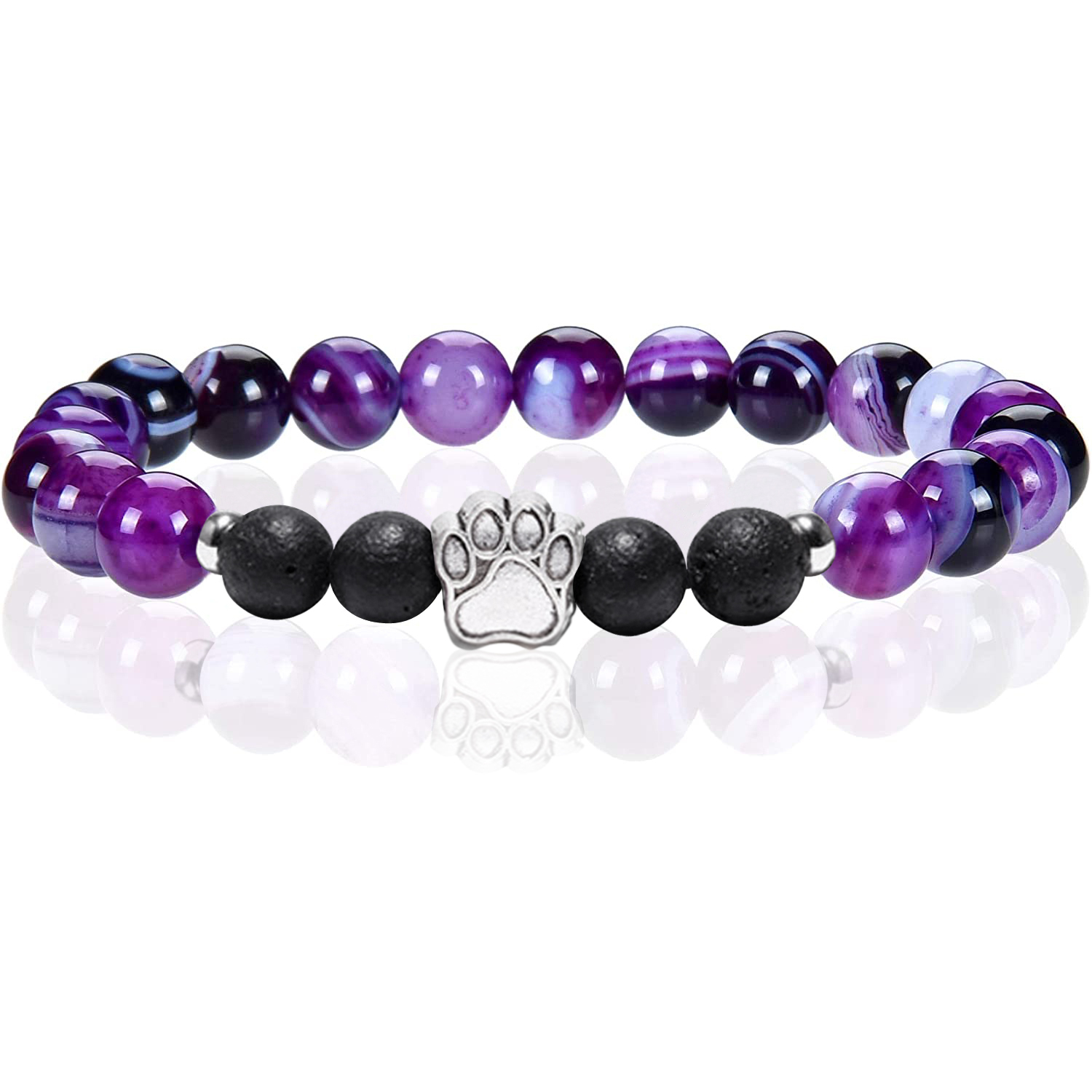 1 Pc Natural Round Gemstone Beads Bracelet Stretch Elastic Bracelets with Black Beads for Women Men