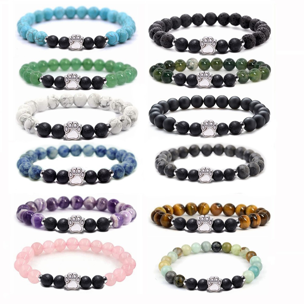 1 Pc Natural Round Gemstone Beads Bracelet Stretch Elastic Bracelets with Black Beads for Women Men