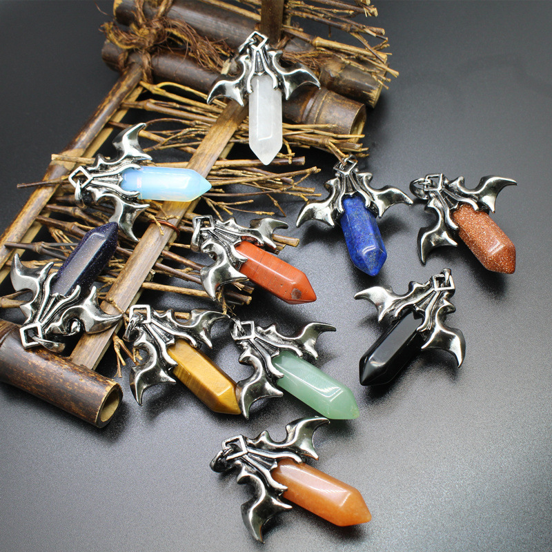 1 Pc Bat Crystal Pendant Necklace Spiritual Energy Healing Hexagonal Gemstone Jewelry for Men Women
