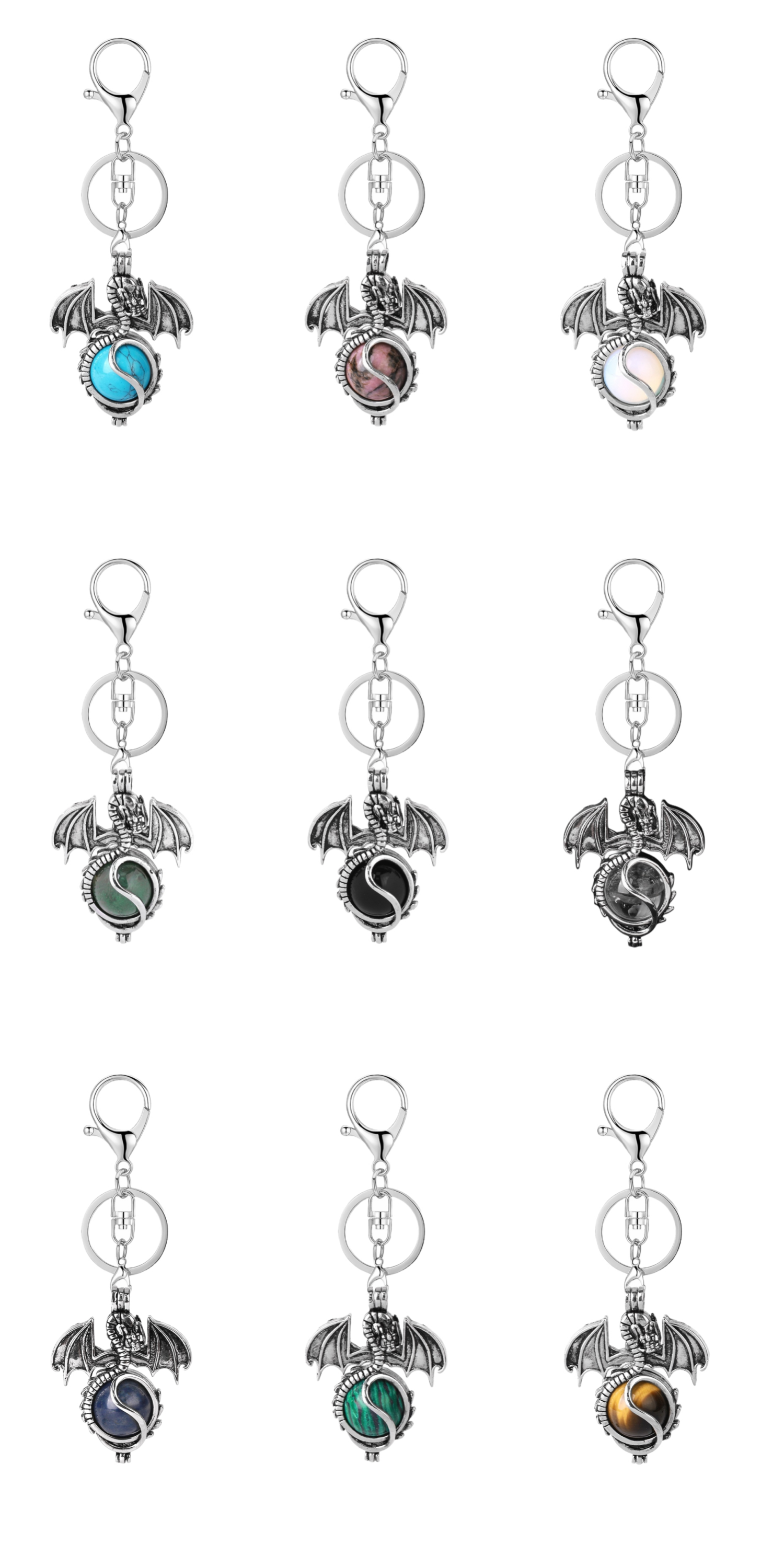 1 Pc Antique Pterosaur Natural Gemstone Pendant Keychain Charm Crystal Keyring for Women Men
