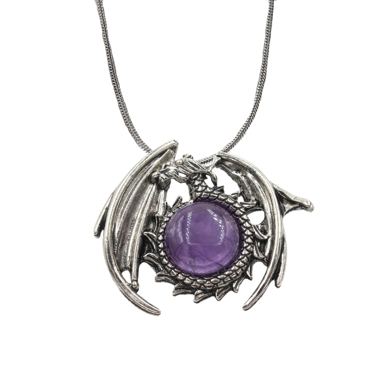 1 Pc Crystal Healing Stone Vintage Dragon Necklace Silver Round Snake Chain Gemstone Jewelry for Men Women