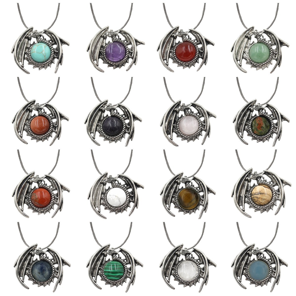 1 Pc Crystal Healing Stone Vintage Dragon Necklace Silver Round Snake Chain Gemstone Jewelry for Men Women
