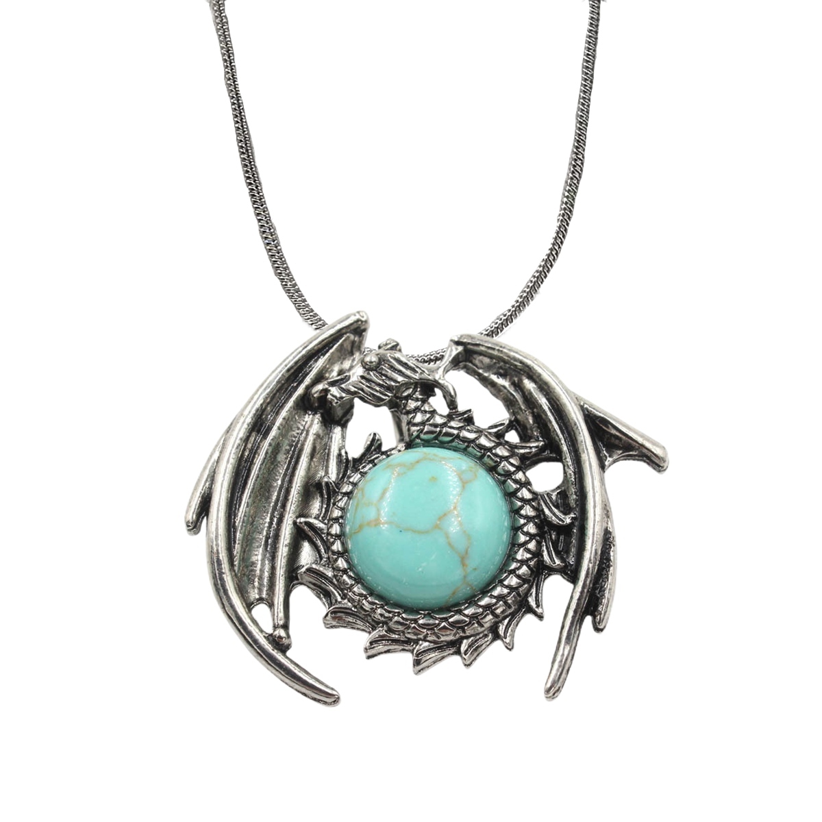 1 Pc Crystal Healing Stone Vintage Dragon Necklace Silver Round Snake Chain Gemstone Jewelry for Men Women