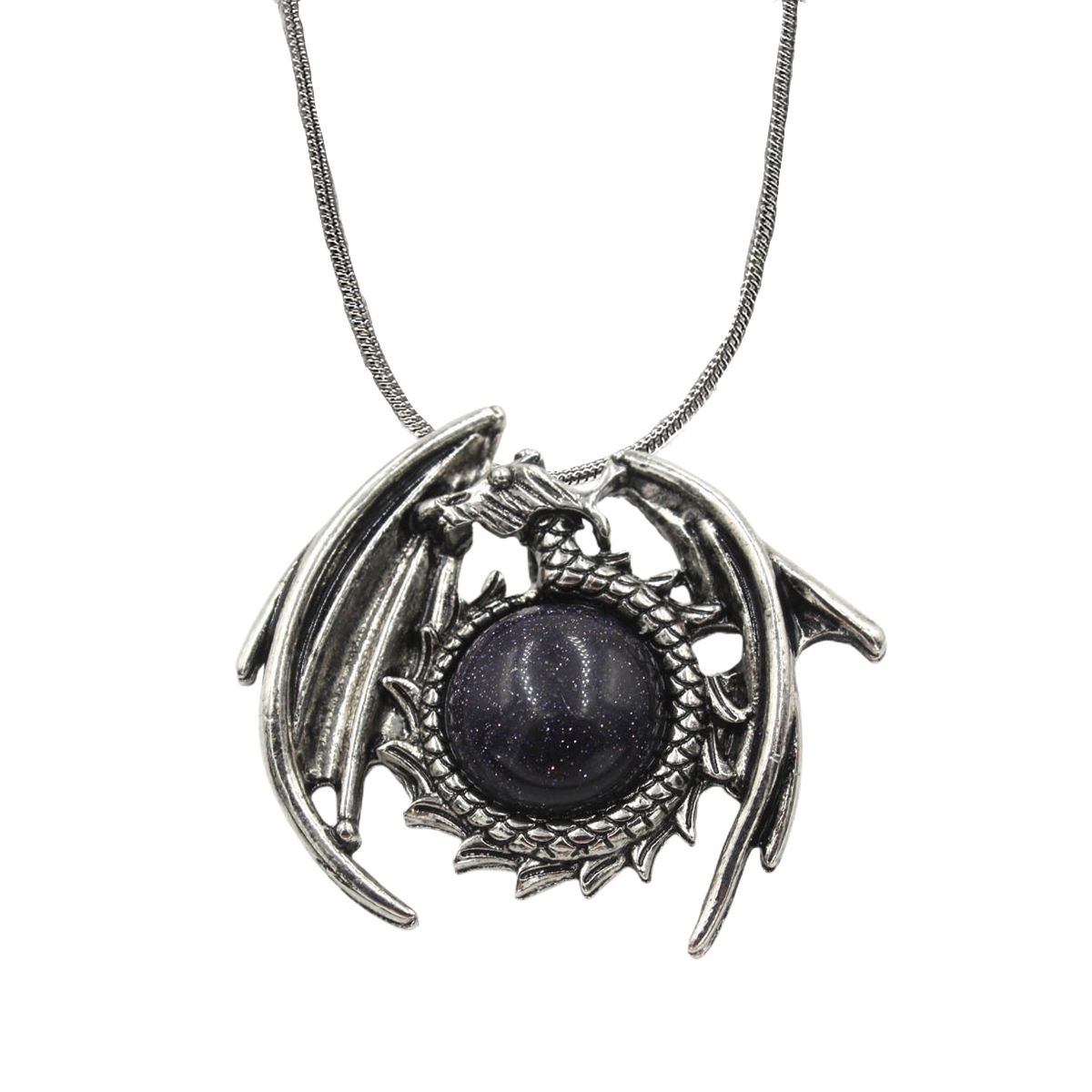 1 Pc Crystal Healing Stone Vintage Dragon Necklace Silver Round Snake Chain Gemstone Jewelry for Men Women