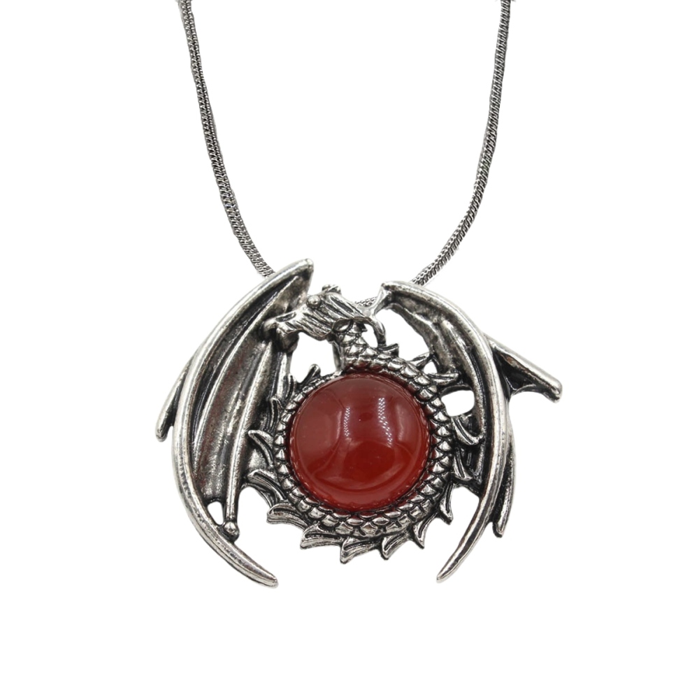 1 Pc Crystal Healing Stone Vintage Dragon Necklace Silver Round Snake Chain Gemstone Jewelry for Men Women