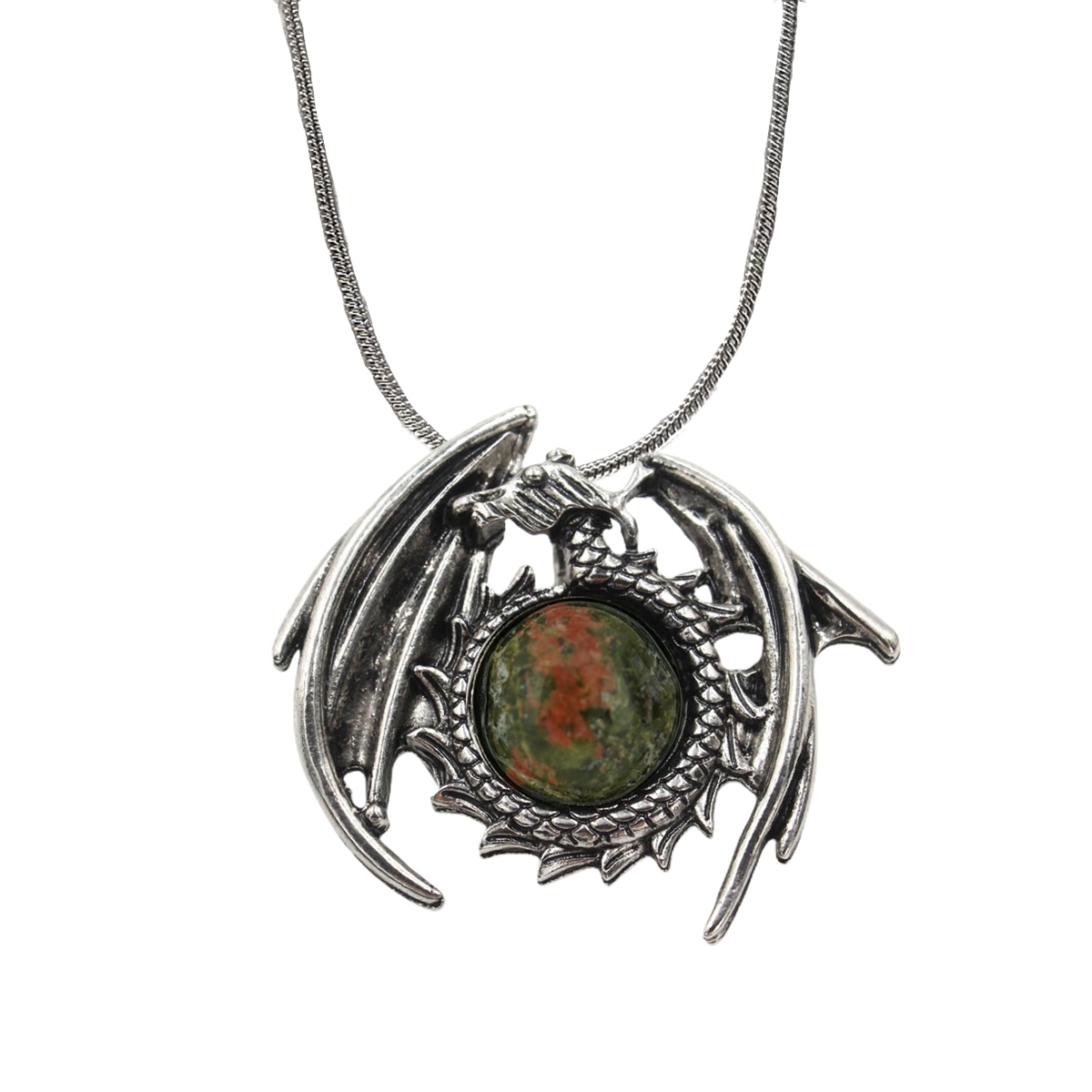 1 Pc Crystal Healing Stone Vintage Dragon Necklace Silver Round Snake Chain Gemstone Jewelry for Men Women