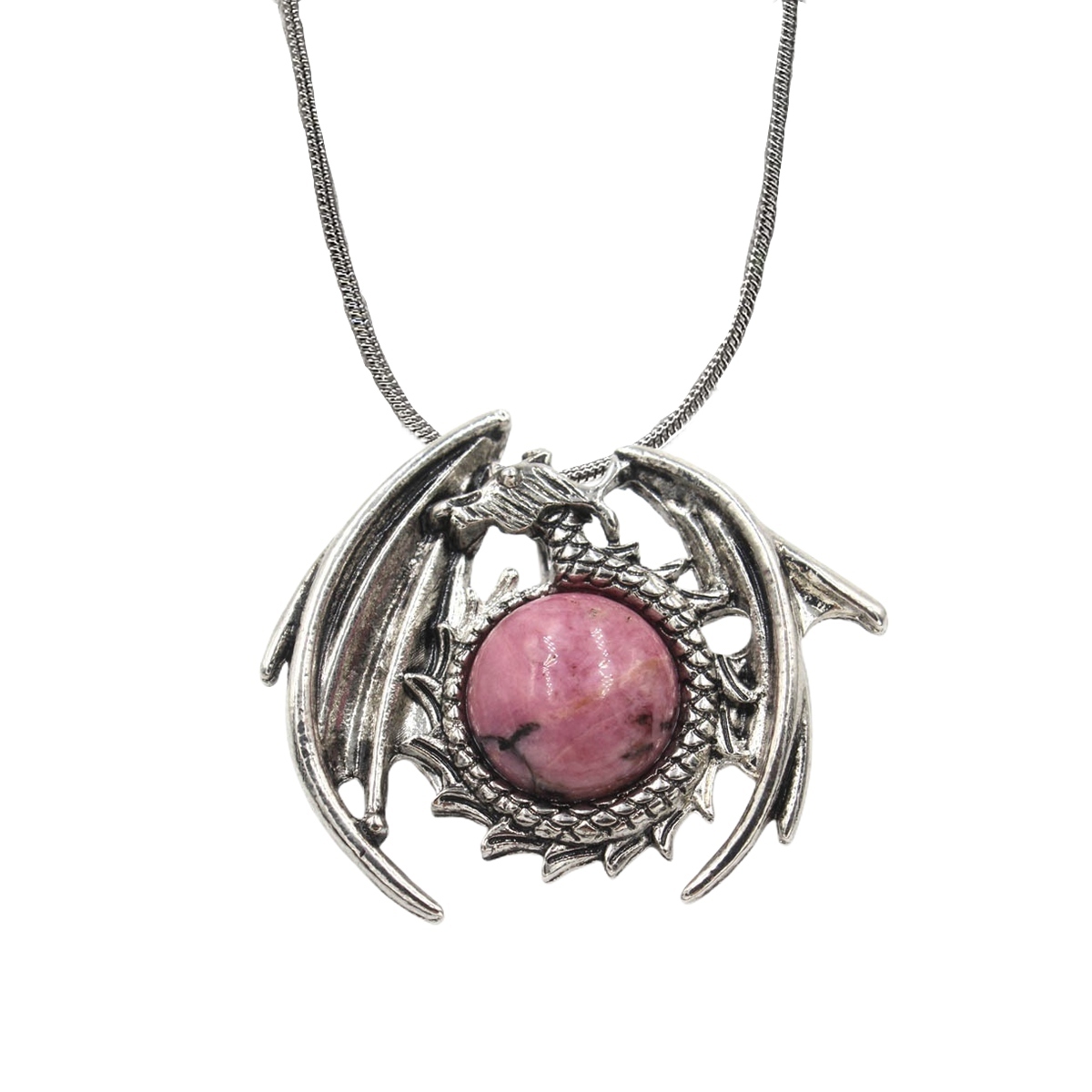 1 Pc Crystal Healing Stone Vintage Dragon Necklace Silver Round Snake Chain Gemstone Jewelry for Men Women