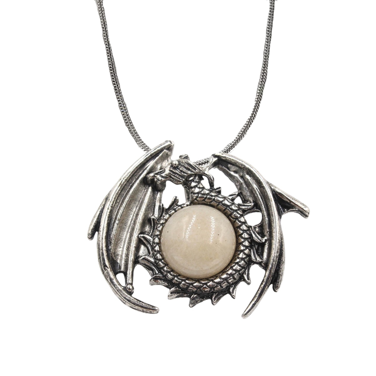 1 Pc Crystal Healing Stone Vintage Dragon Necklace Silver Round Snake Chain Gemstone Jewelry for Men Women