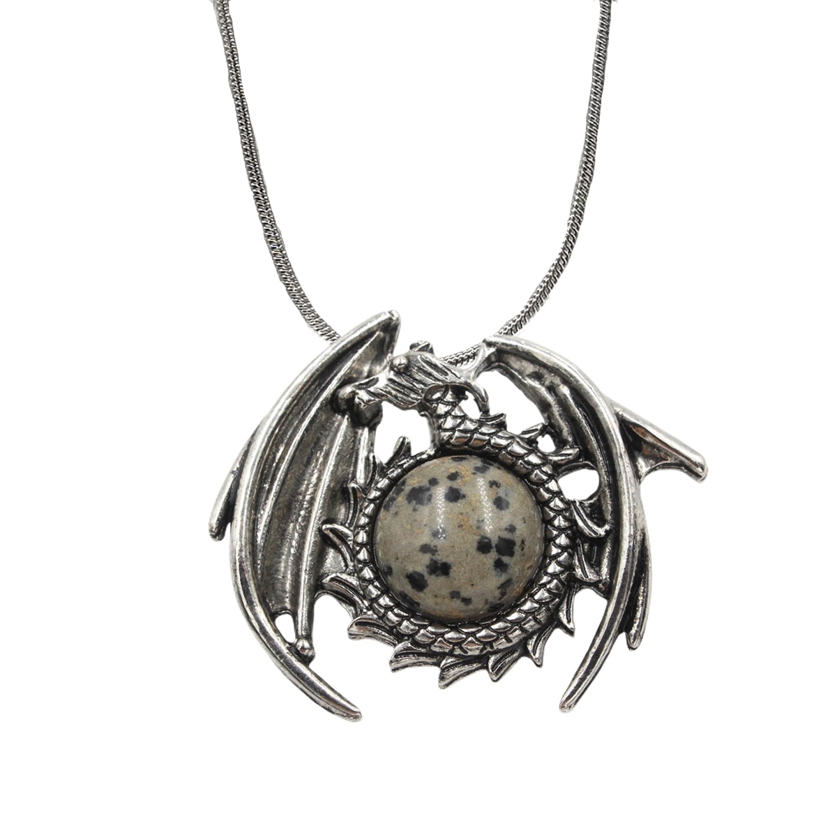 1 Pc Crystal Healing Stone Vintage Dragon Necklace Silver Round Snake Chain Gemstone Jewelry for Men Women