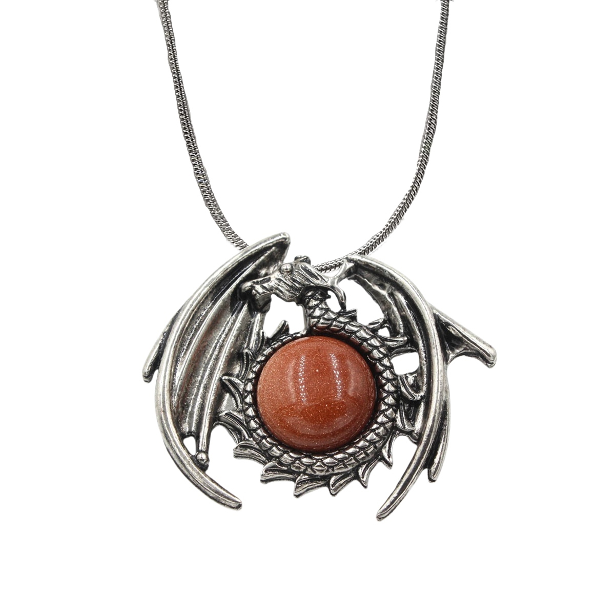 1 Pc Crystal Healing Stone Vintage Dragon Necklace Silver Round Snake Chain Gemstone Jewelry for Men Women