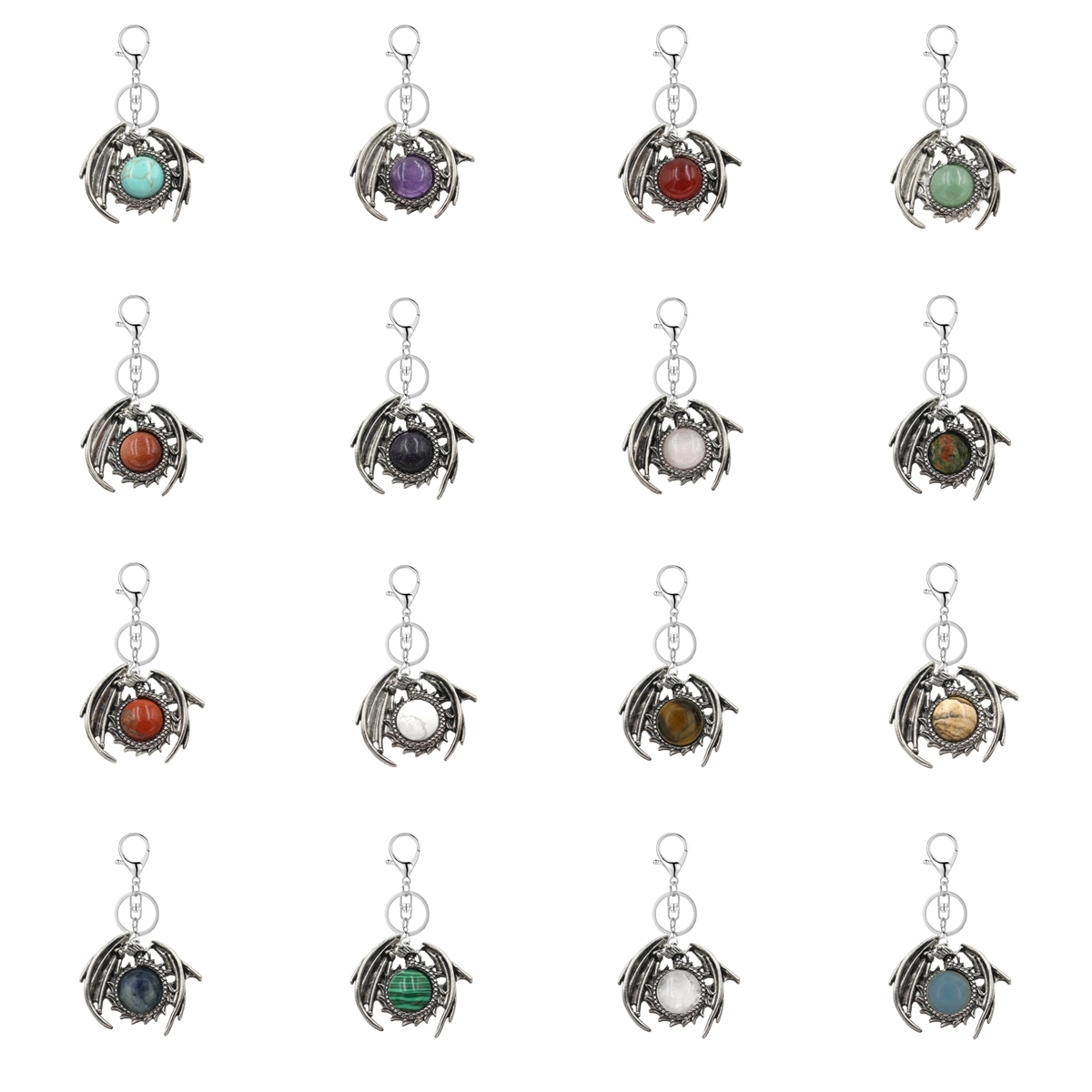 1 Pc Vintage Dragon Natural Gemstone Pendant Keychain Charm Crystal Keyring for Men Women