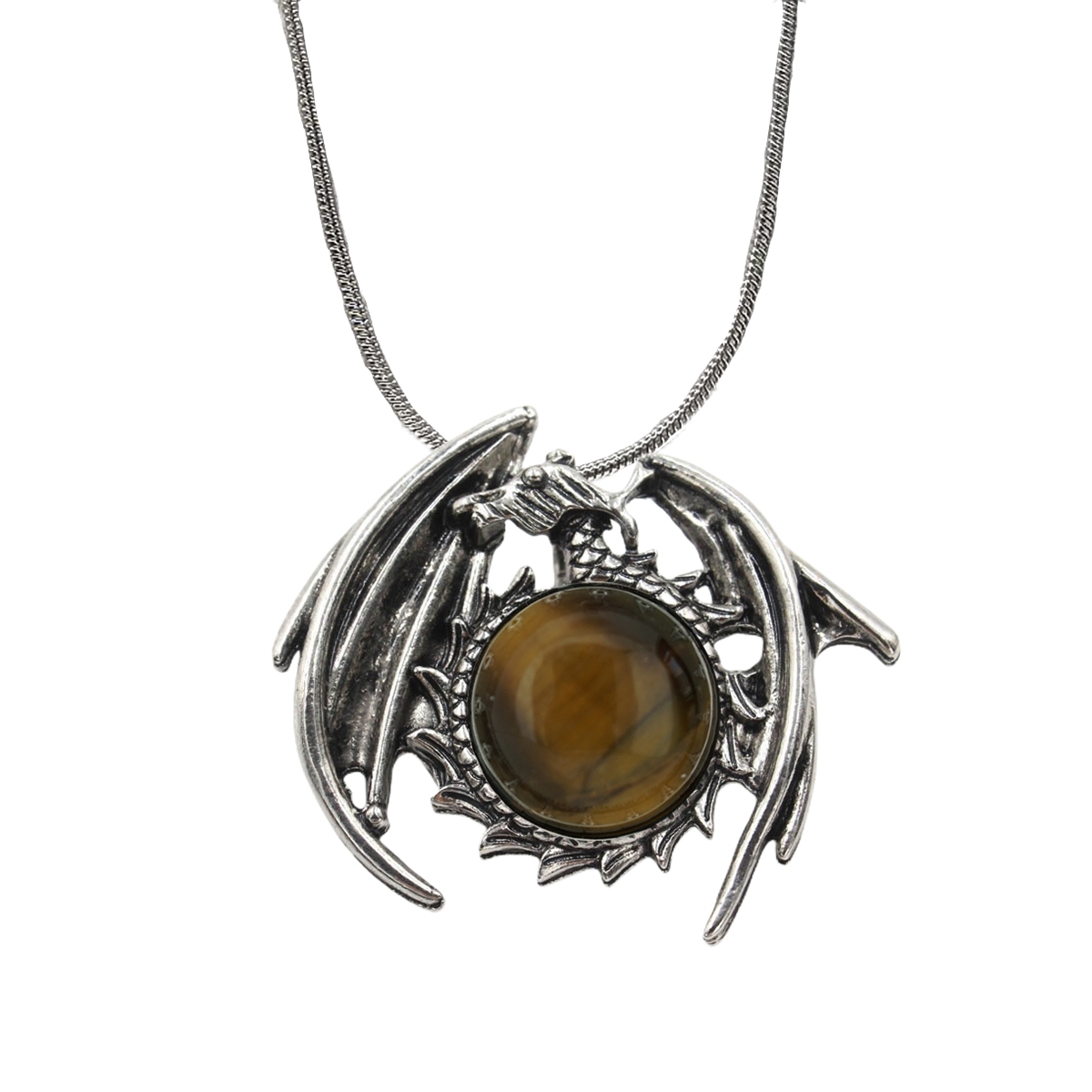 1 Pc Crystal Healing Stone Vintage Dragon Necklace Silver Round Snake Chain Gemstone Jewelry for Men Women