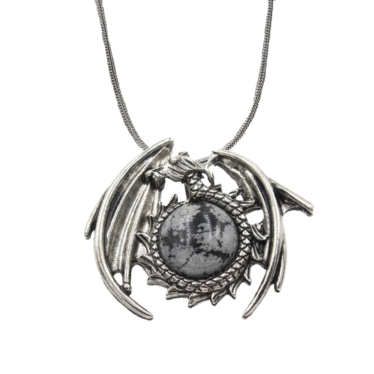 1 Pc Crystal Healing Stone Vintage Dragon Necklace Silver Round Snake Chain Gemstone Jewelry for Men Women